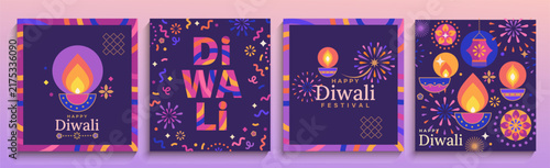 Set Diwali flyers, festival bright cards with diya, fireworks, sparkles. Design for anniversary traditional event. Template for web, social media, banners, posters, cover, print. Vector illustration.