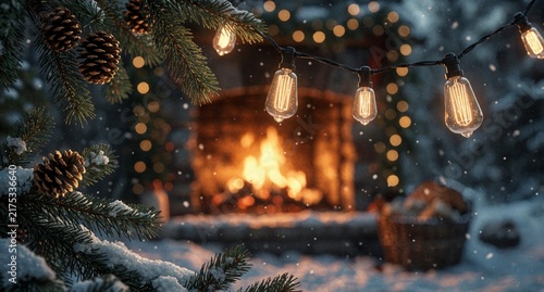 Cozy Winter Night Scene with Glowing Fireplace and Christmas Lights