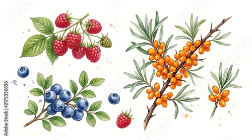 Watercolor collection of fresh raspberries blueberries and sea buckthorn berries on stems with green leaves