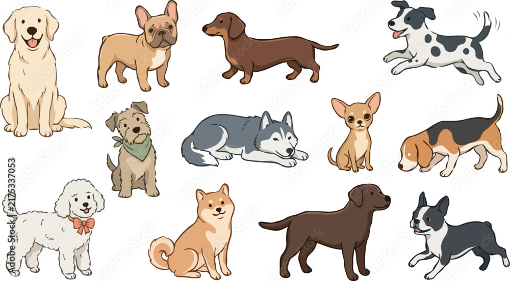 Obraz premium Collection of various cartoon dog breeds in different poses