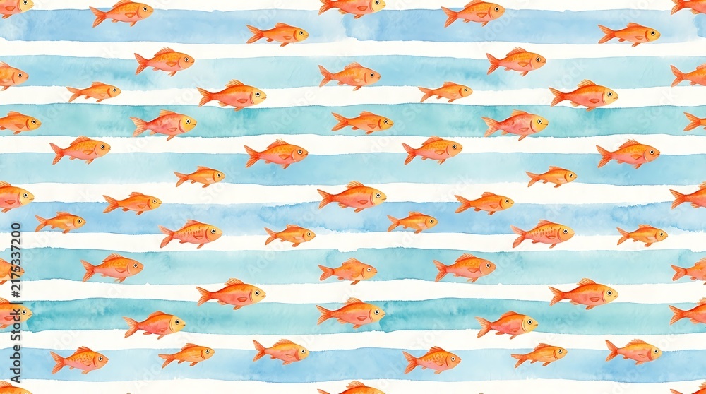 Cute goldfish pattern with colorful hand drawn stripes in a repeating seamless background design