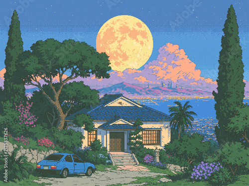 Dreamy pixel‑art twilight scene, traditional japanese‑style house sits beneath huge glowing full moon, blue sedan parked on stone driveway.