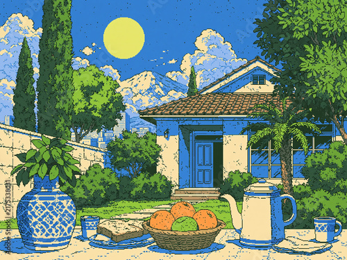 Dreamy pixel‑art twilight scene, traditional japanese‑style house sits beneath huge glowing full moon, blue sedan parked on stone driveway.