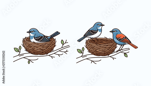 Foto Two blue birds perched near woven nests on branches a colorful vector illustrati