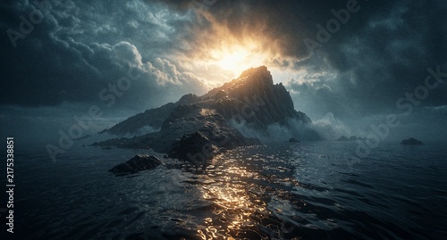 Dramatic Rocky Island in Dark Ocean with Sunset Light and Stormy Clouds