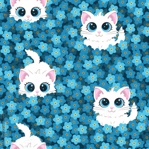 Seamless pattern with cute hand drawn kittens sitting in the forget-me-not flowers. Vector illustration.