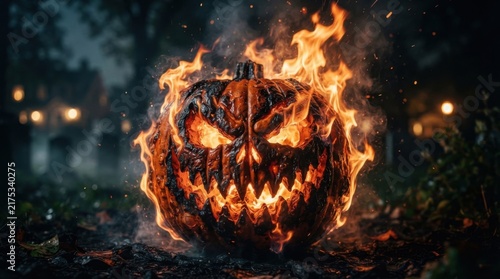 Jackolantern ablaze with fiery glow and smoke on dark ground Halloween pumpkin