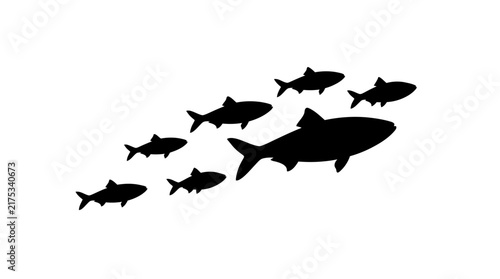 School of fish swimming in formation black silhouette