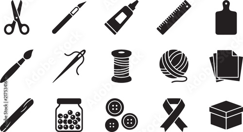 Handmade Craft DIY Sewing Tools and Art Supplies Vector Icon Set