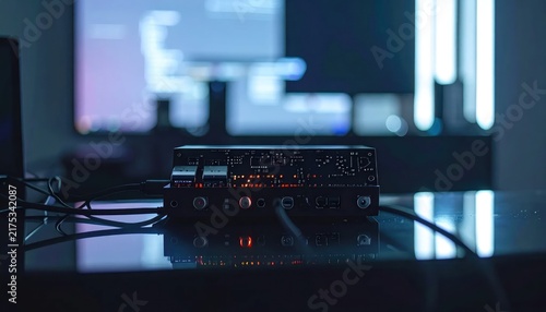 Professional audio interface on dark desk in studio.