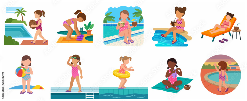 Fototapeta premium Set of vector illustrations featuring a young girl enjoying summer vacation at a swimming pool and tropical beach, including activities like sunbathing, drinking coconut water, and swimming.