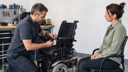 Mobility-equipment technician replaces a modular joystick controller while the wheelchair user observes from a transfer chair
