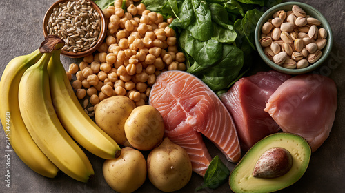 Beautiful Healthy Foods Naturally Rich in Vitamin B6 Arranged Flat Lay