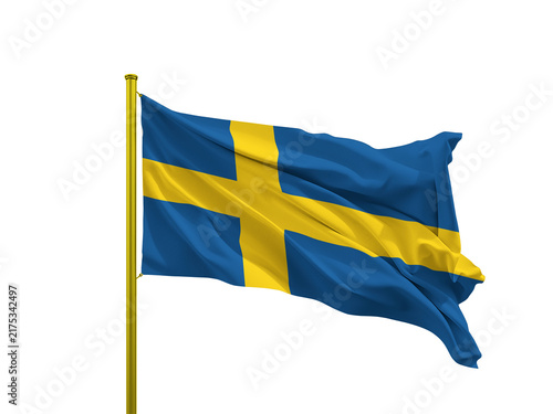 Photography Sweden flag waving on a golden pole isolated on Transparent Background
