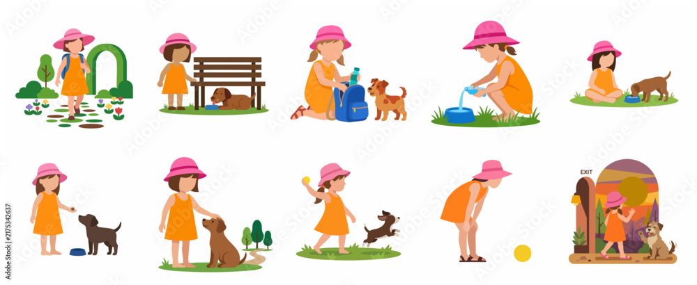 Fototapeta premium Set of Flat Vector Illustrations of a Little Girl Playing, Feeding, and Caring for Her Pet Dog in Outdoor Settings