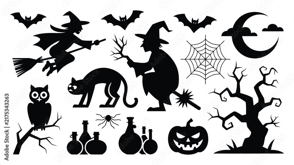 Obraz premium Halloween-themed black silhouettes vector icons set with witches, bats, and pumpkins