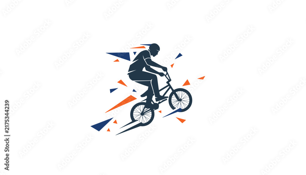 Fototapeta premium Dynamic action silhouette of a bmx rider performing a jump stunt with colorful geometric background shards.