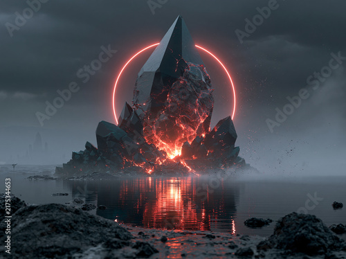 agged molten volcanic rock spire rises from calm dark water, encircled by glowing neon‑red halo ring, under stormy, fog‑filled gloomy sky.