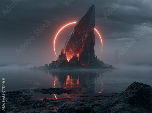 agged molten volcanic rock spire rises from calm dark water, encircled by glowing neon‑red halo ring, under stormy, fog‑filled gloomy sky.