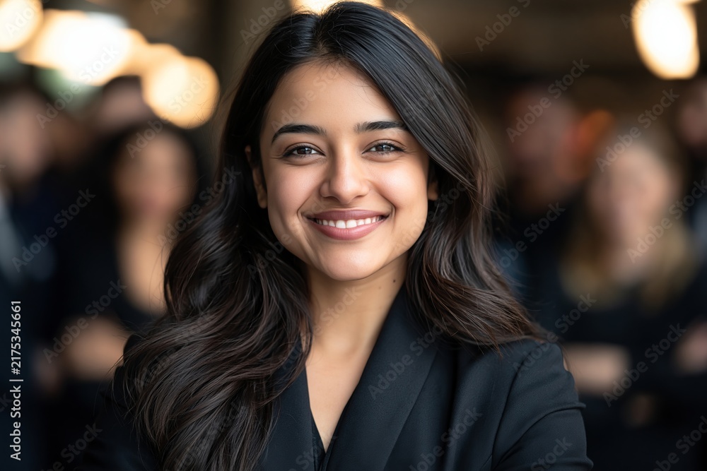 Obraz premium Portrait of a smiling young woman with dark hair wearing a black blazer in a blurred office setting