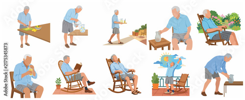 Senior Man Daily Lifestyle Illustration Set, Elderly Character Activities and Retirement Life Concept