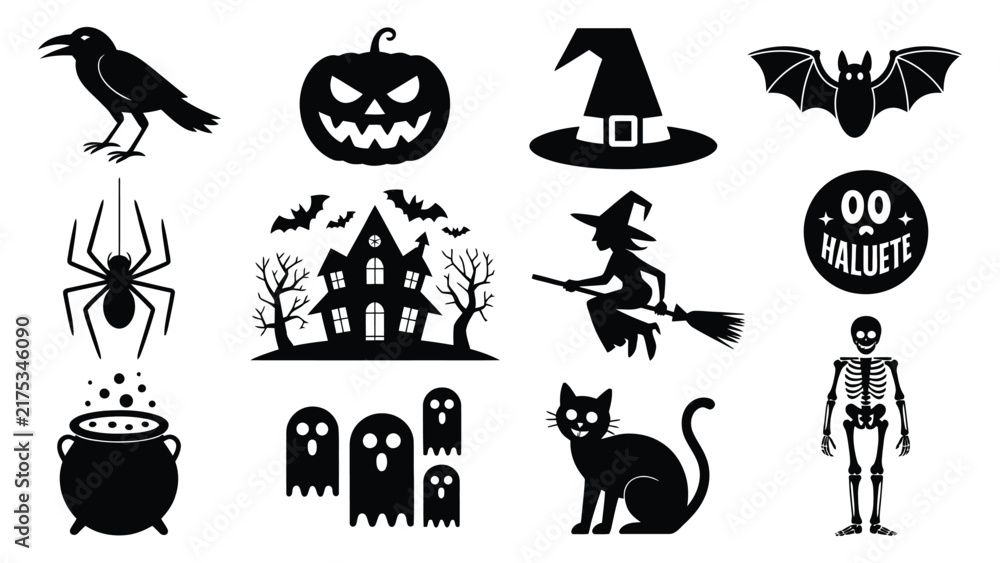Fototapeta premium Halloween-themed black and white vector icons set