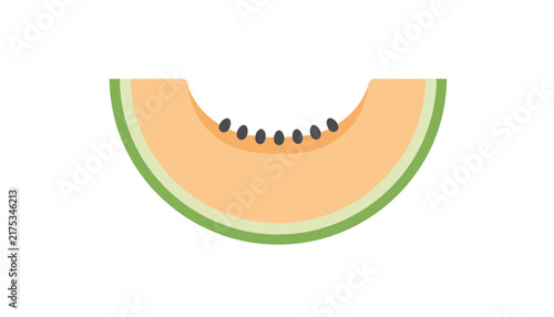 Slice of sweet cantaloupe melon showing seeds and pale green rind in simple flat vector illustration style.