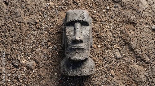 Ancient stone Moai statue head featuring porous volcanic basalt texture captured in a high angle shot under bright natural lighting