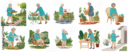 Set of senior woman enjoying retirement lifestyle in garden with tea and gardening activities