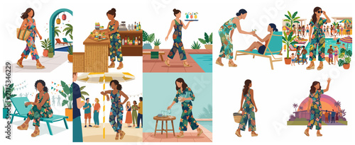 Collection of flat vector illustrations of women wearing tropical floral jumpsuits at a summer resort, including scenes at a pool party, beach bar, and lounging area