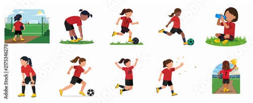 Set of diverse young girls playing soccer in different poses flat vector illustration