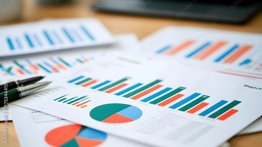 Obraz premium Stacked financial charts and graphs on a wooden desk with pens and printed reports for business analysis