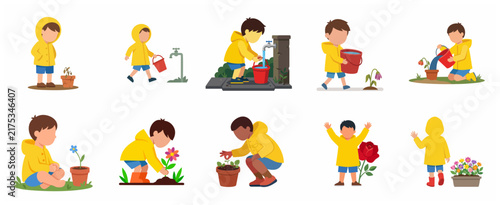 Set of little boy character gardening in yellow raincoat, watering plants and growing flowers in flat vector illustration style
