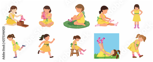 Cute little girl in a yellow dress putting on socks and playing vector illustration set