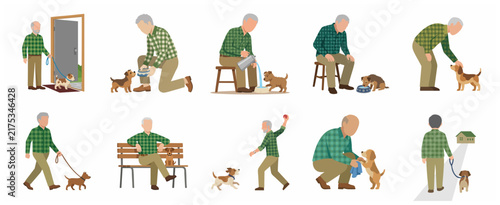 Elderly man daily routine with pet dog vector illustration set, senior man walking, feeding, and playing with puppy isolated on white