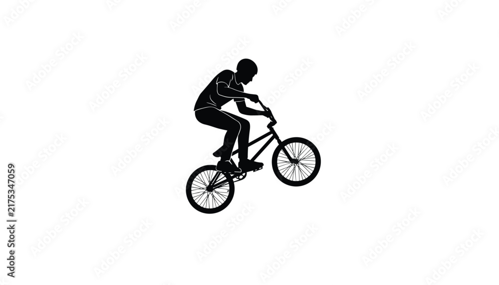 Naklejka premium Black silhouette of a bmx rider performing an aerial trick jump on a bicycle isolated on a white background.