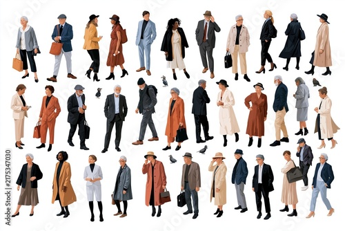 Large group of diverse people in various outfits standing and walking isolated on white background