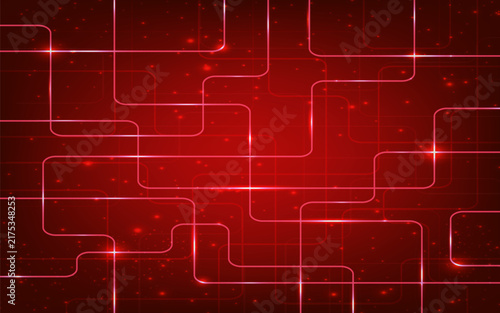 Abstract Red Neon Technology Background with Glowing Lines and Particles
