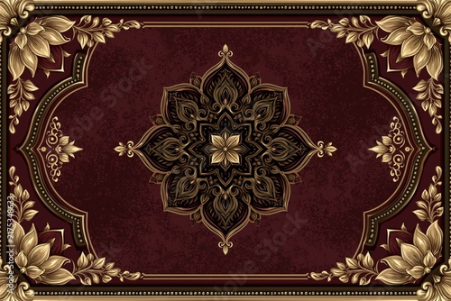 Ornate vintage pattern with gold floral elements on a dark red textured background design