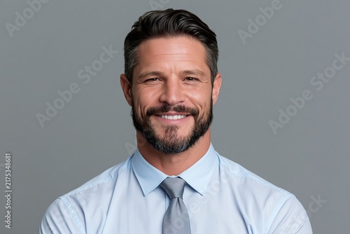 Portrait of a handsome smiling man with a beard wearing a light blue shirt and a grey tie