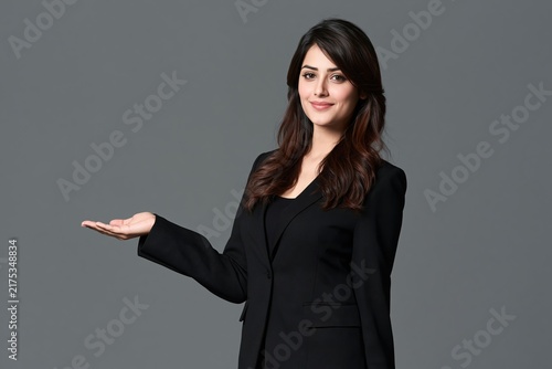 Smiling young woman in a black business suit presenting something with her hand on grey background