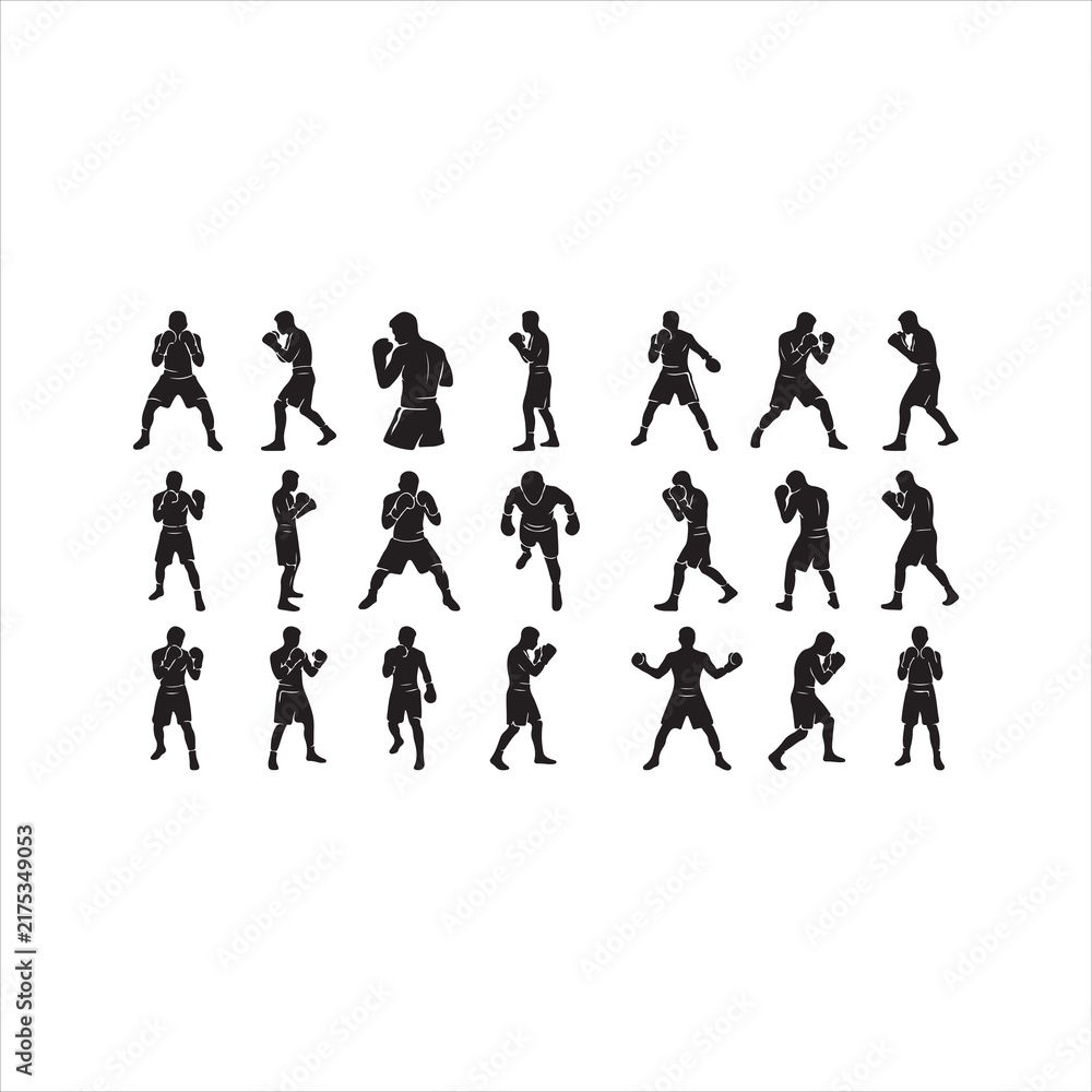 Obraz premium Set of black boxing silhouettes in varied fighting stances and athletic punch poses