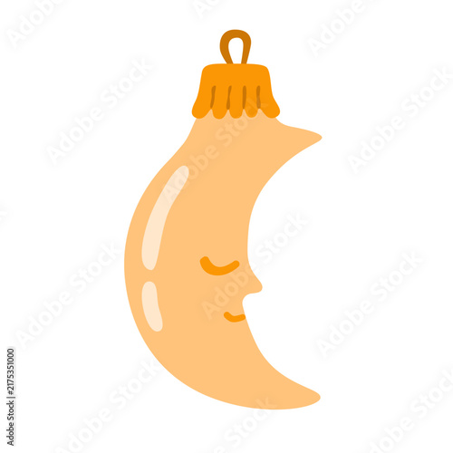 Cute crescent moon Christmas ornament with a face and hanging loop. Flat vector illustration, hand drawn. Charming celestial decor with a whimsical, sleepy expression.