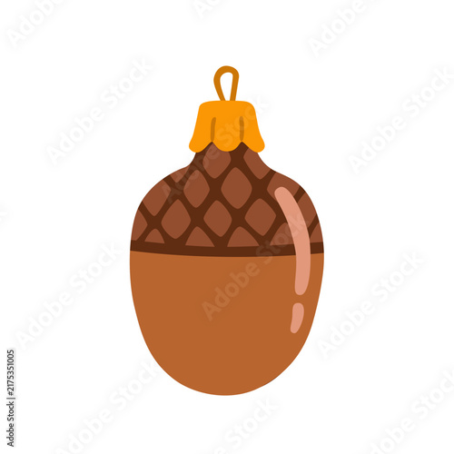 Cute acorn Christmas ornament with a decorative textured cap and hanging loop. Flat vector illustration, hand drawn. Charming woodland decoration with a simple natural design.