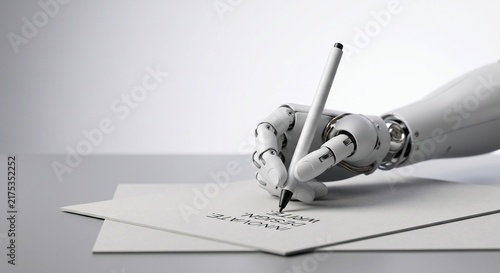 A sleek white robotic hand holding a minimalist pen in a writing posture against a clean grey-to-white gradient background.
