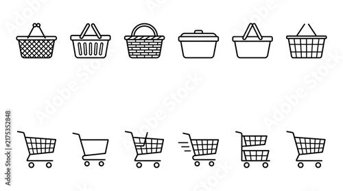 Shopping basket and cart line art icons set displayed as a minimalist digital vector graphic illustration for retail commerce web