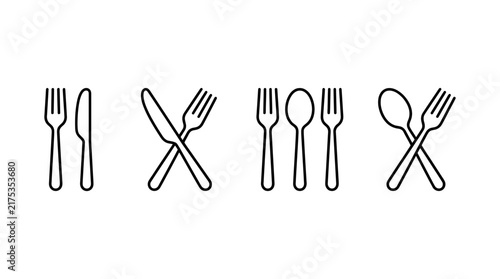 Minimalist vector line art set featuring various dining cutlery icons such as forks, spoons, and knives for modern restaurant branding