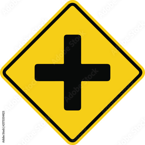 Yellow diamond road sign with a black intersection cross simple flat vector design element for traffic and transportation concepts isolated on white background
