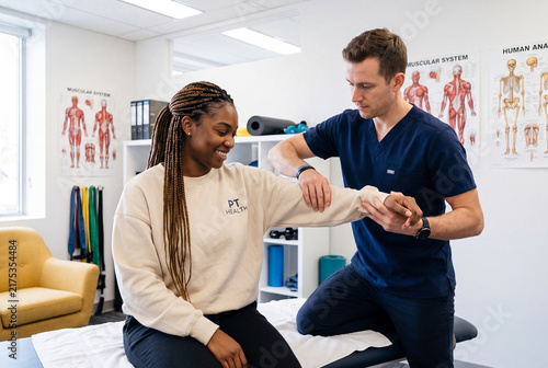 Male Physical Therapist Helping Female Patient with Arm Stretching Exercise