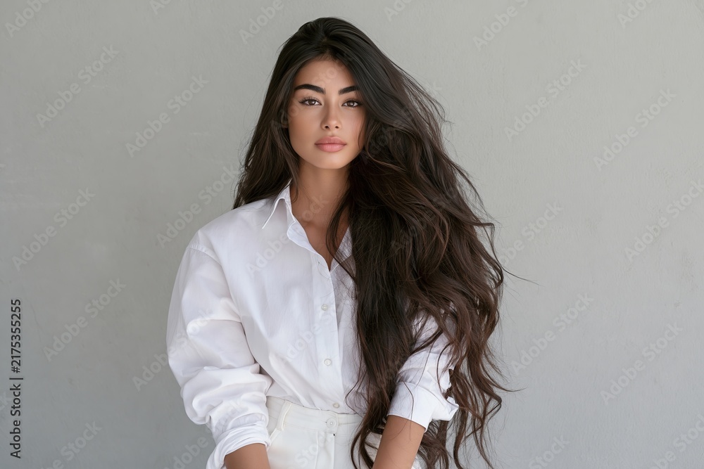 Fototapeta premium Young woman with long wavy dark hair wearing a crisp white shirt posing against a plain grey wall